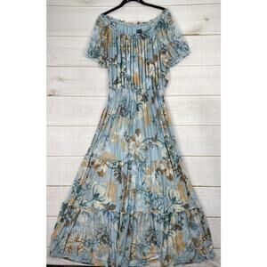 Kate & Lily Floral Maxi Dress 16W Blue On Off Shoulder Smocked Cottage Romantic